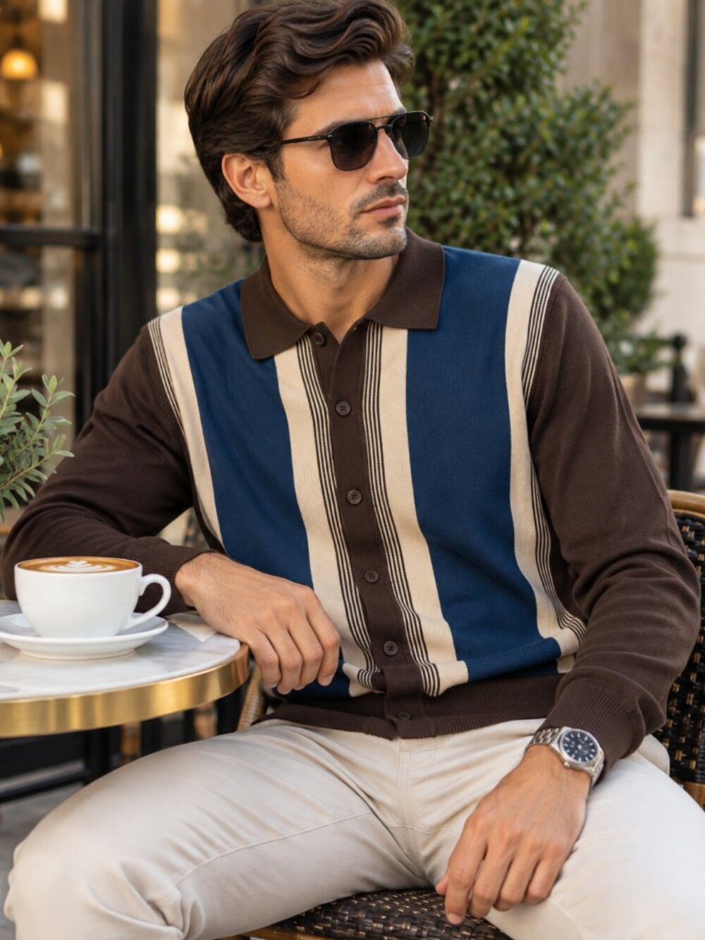 Ben Sherman Men’s Retro Stripe Button-Front Knit Polo Cardigan Brown Blue S